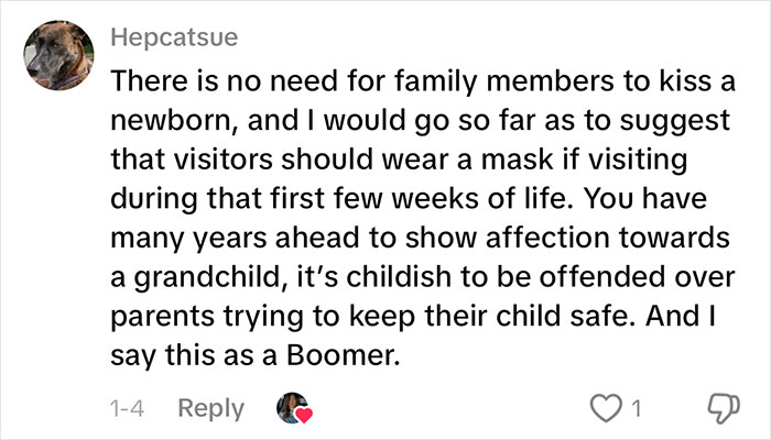 Comment on woman’s gentle reminder for grandma to not kiss her baby, emphasizing newborn safety and family boundaries.