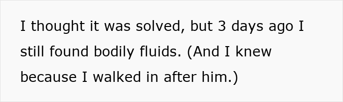Text showing frustration over brother leaving bodily fluids stains on the toilet seat, leading to public shaming to stop it.
