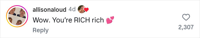 Screenshot of a social media comment saying Wow You’re RICH rich with heart emojis, related to woman sharing why she has 7 parents.