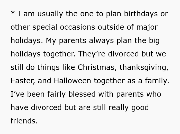 Text excerpt about planning family birthdays and holidays despite parents being divorced, highlighting family dynamics and special occasions. Text excerpt about planning family birthdays and holidays despite parents being divorced, highlighting family dynamics and special occasions.