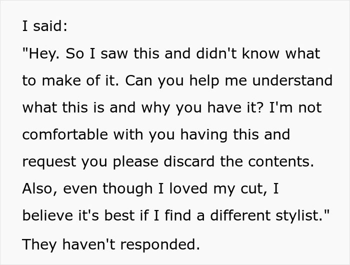 Text message from woman to hair stylist expressing discomfort over finding a weird shrine for her hair and ending stylist relationship.