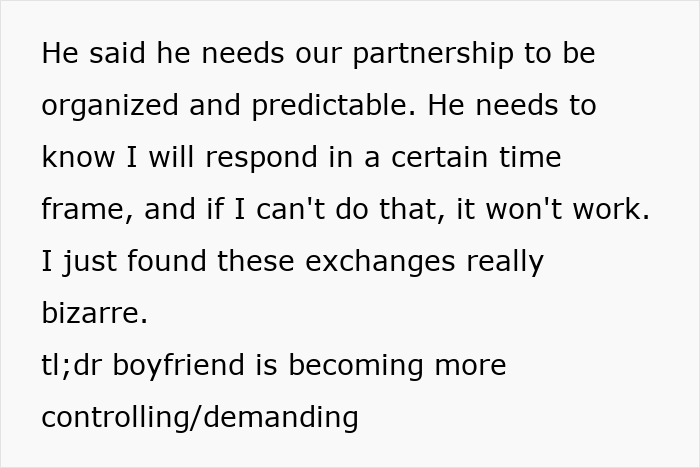 Text describing a boyfriend who fears golddiggers but believes as long as she cooks, she is not one, highlighting concerns about controlling behavior. Text describing a boyfriend who fears golddiggers but believes as long as she cooks, she is not one, highlighting concerns about controlling behavior.