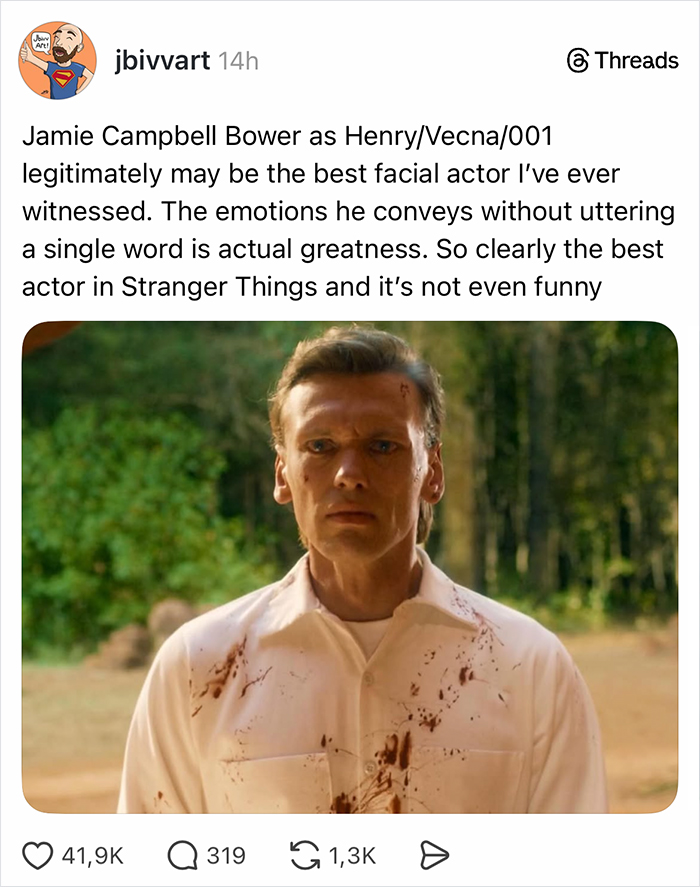 Jamie Campbell Bower as Henry/Vecna in Stranger Things, praised for exceptional facial acting and emotional expression.