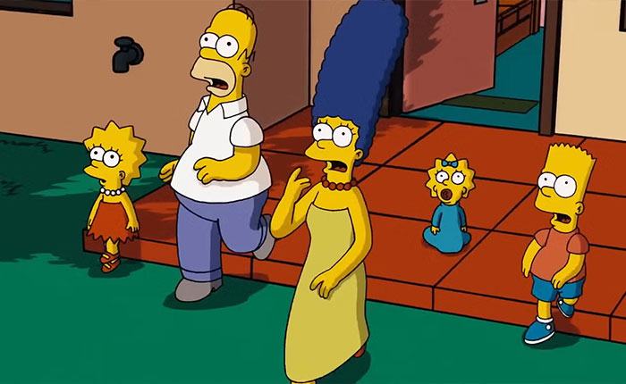 Simpsons 2026 predictions: Homer, Marge, Bart, Lisa and Maggie standing on front steps looking shocked