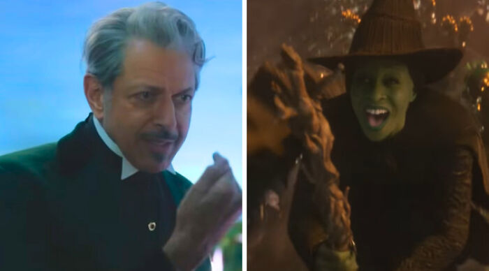 Split image: older man in suit gesturing left, green-faced witch in hat laughing with broom on right — Would You Rather