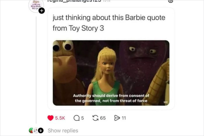 Screenshot of viral Disney thread featuring Barbie quote from Toy Story 3 about authority and consent, generating online discussion.