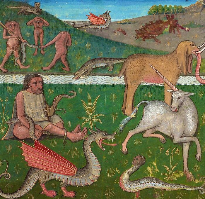 Medieval painting featuring mythical creatures, humans, and fantastical animals for meme captions and punchlines.