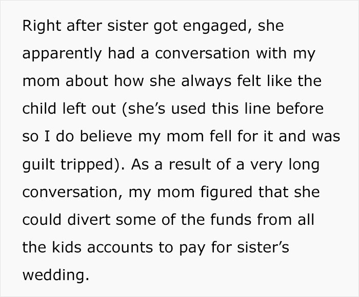 Sister turns into a bridezilla after engagement, causing family tension and a messy family meeting about wedding funds. Sister turns into a bridezilla after engagement, causing family tension and a messy family meeting about wedding funds.