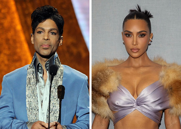 Prince speaking at a microphone in a blue suit and woman in a satin top with fur stole, representing celebs drama and unbothered stars.