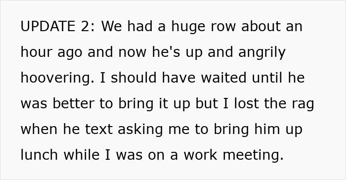 Text about a fed up wife describing how insufferable her husband becomes when he's sick and their recent argument. Text about a fed up wife describing how insufferable her husband becomes when he's sick and their recent argument.