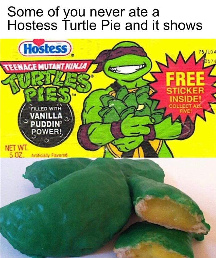 Hostess Teenage Mutant Ninja Turtles Pie packaging with green turtle-shaped pies filled with vanilla pudding, nostalgia for Xenials.