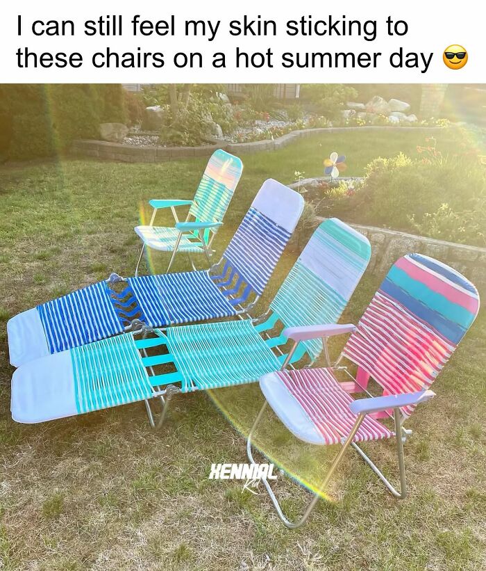 Classic retro lawn chairs on grass evoking nostalgic memories for xenials on hot summer days.