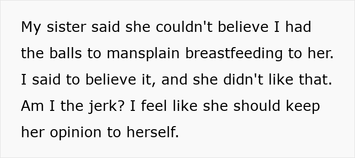 Childless Sis Keeps Lecturing Man About Baby Food, Livid When He “Mansplains” Breastfeeding To Her