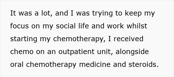 Block of testimonial text about chemotherapy treatment, includes keyword husband uses cancer diagnosis excuse Block of testimonial text about chemotherapy treatment, includes keyword husband uses cancer diagnosis excuse