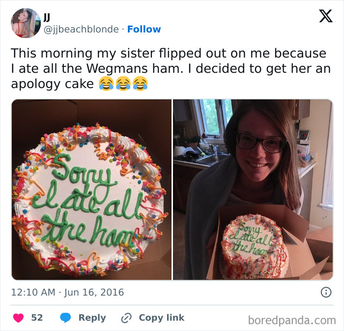 Apology cake with colorful sprinkles and funny message reflecting honest emotions in a humorous photo.