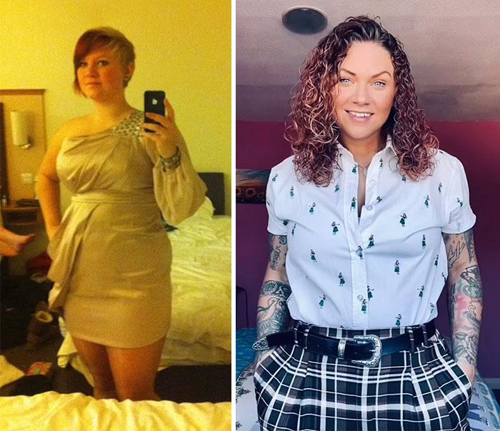 Side-by-side 2016 and 2026 transformation photos of a woman showcasing a noticeable style and appearance change.