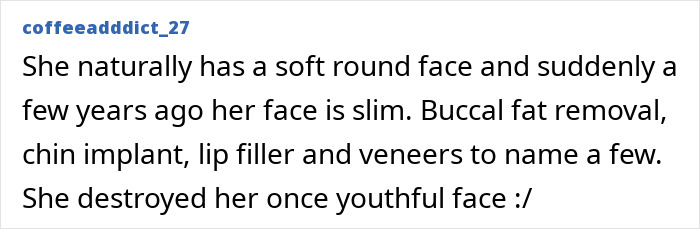 Comment about Selena Gomez's facial changes mentioning plastic surgery like chin implant and lip filler affecting her youthful look. Comment about Selena Gomez's facial changes mentioning plastic surgery like chin implant and lip filler affecting her youthful look.