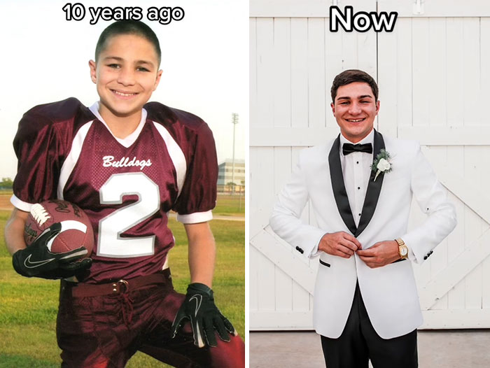Side-by-side 2016 vs 2026 photos of a boy in football gear and a young man in a white tuxedo, showing ten-year changes.