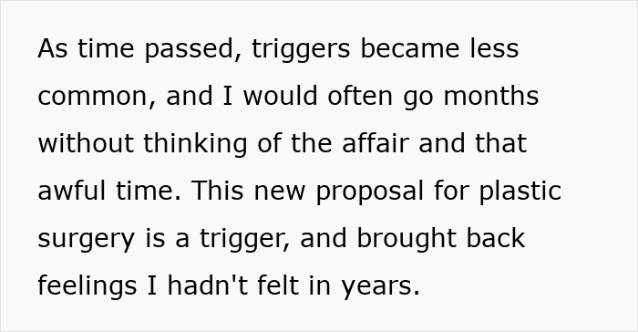 Text describing emotional triggers related to wife’s cosmetic upgrade and the impact of infidelity on the husband’s feelings. Text describing emotional triggers related to wife’s cosmetic upgrade and the impact of infidelity on the husband’s feelings.