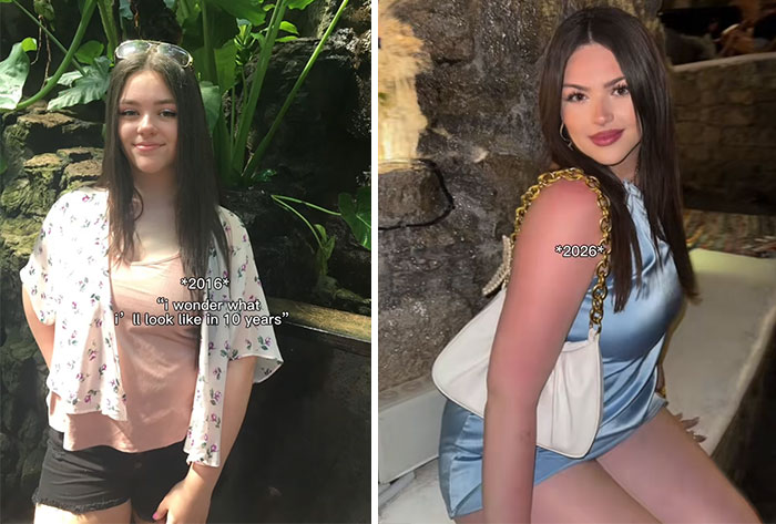 Side-by-side photos showing a young woman in 2016 and 2026 highlighting changes over 10 years.