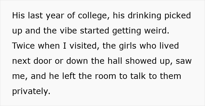 Screenshot of text about college drinking and odd vibe, adult man breaks off engagement Screenshot of text about college drinking and odd vibe, adult man breaks off engagement