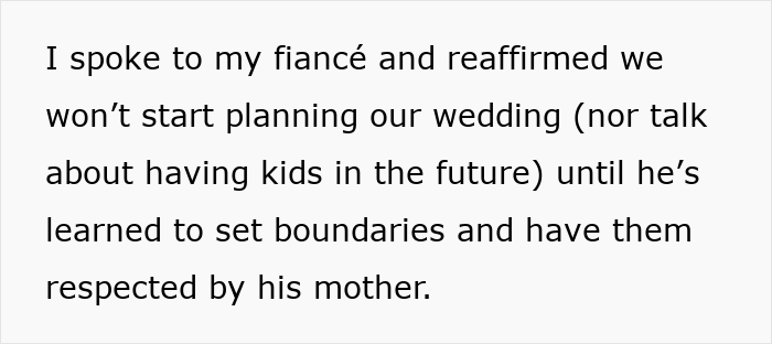 Text about fianc&eacute; setting boundaries with his mother before planning wedding or kids, highlighting parenting and family conflicts.