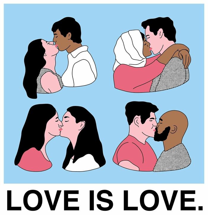 Studio Stoutpoep illustration of four diverse couples kissing in pop art style with LOVE IS LOVE caption