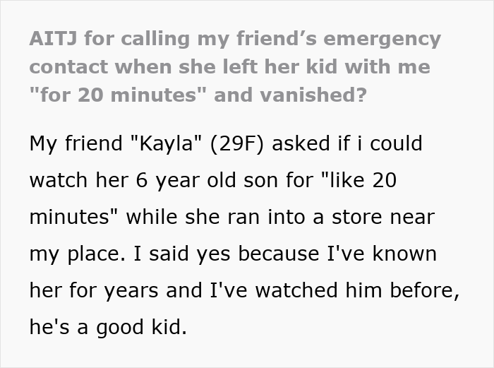 Text post about a mom ghosting her friend for hours after asking them to babysit her child for 20 minutes.