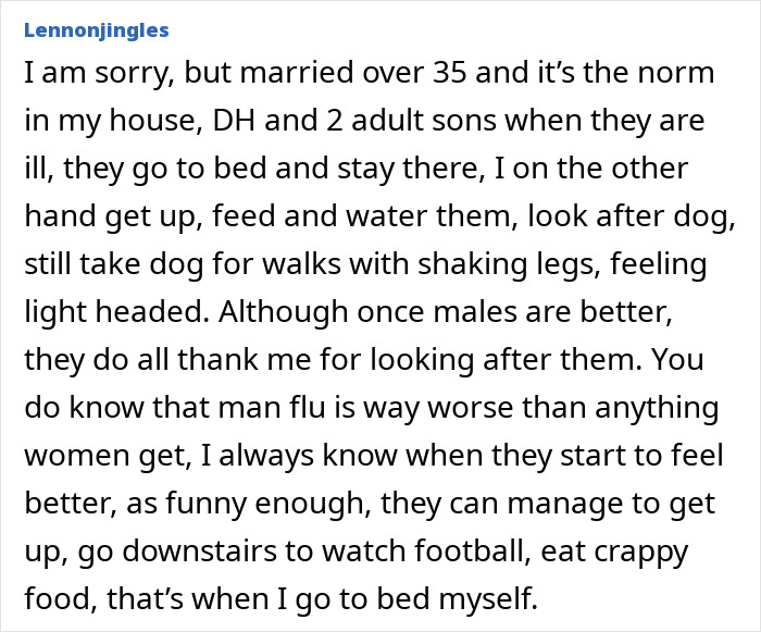 Comment describing a wife's experience caring for her insufferable sick husband and family, feeling fed up and overwhelmed.