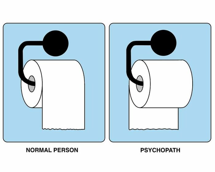 Studio Stoutpoep illustration showing two toilet paper rolls labeled Normal Person and Psychopath, over vs under orientation