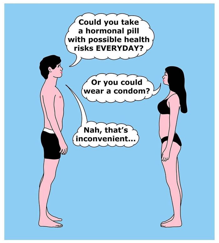 Studio Stoutpoep illustration of man and woman in underwear debating hormonal pill vs c****m with speech bubbles