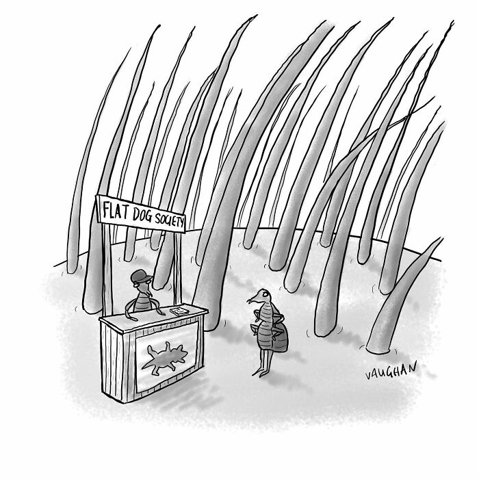 Cartoon artist’s comedy comic shows a tick visiting a flat dog society booth among giant hairs in a humorous setting.