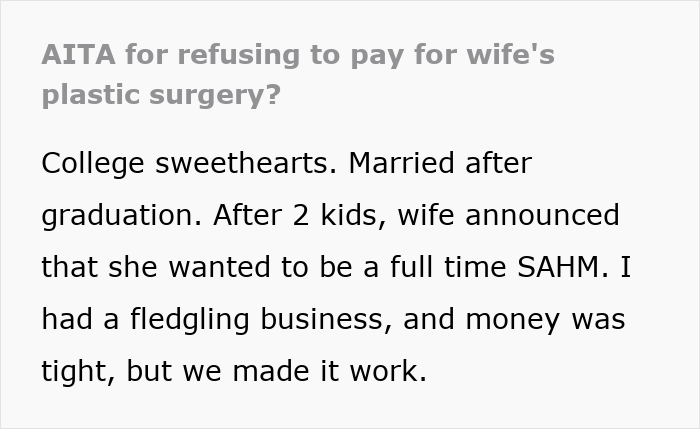 Text excerpt from a post about a wife’s cosmetic upgrade, infidelity, and the husband’s emotional struggle. Text excerpt from a post about a wife’s cosmetic upgrade, infidelity, and the husband’s emotional struggle.