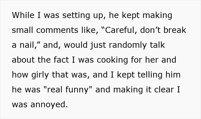 Text excerpt from a story about a bald and divorced man shaming his nephew for having long hair and cooking for his girlfriend. Text excerpt from a story about a bald and divorced man shaming his nephew for having long hair and cooking for his girlfriend.