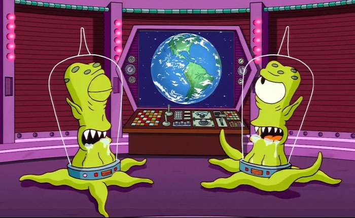 The Simpsons aliens Kang and Kodos in spaceship control room with Earth on screen, evoking Simpsons predictions