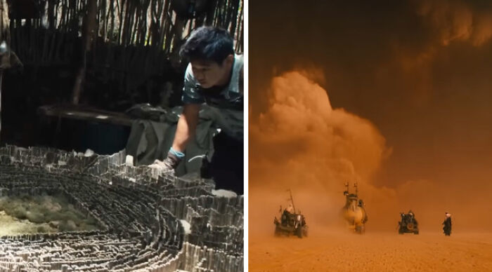 Split image: person inspecting circular maze and armored vehicles crossing a sandstorm in desert - Would You Rather