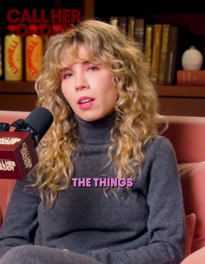 Jennette McCurdy speaking on a podcast, discussing her twisted and addictive relationship with a much-older man as a teen.