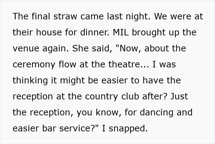 Text excerpt showing a woman snapping at MIL over a supposed generous gift used as a manipulative control tactic. Text excerpt showing a woman snapping at MIL over a supposed generous gift used as a manipulative control tactic.