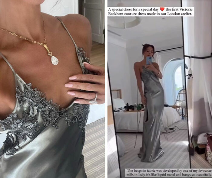 Victoria Beckham wearing a silver couture dress, posing for a mirror selfie detailing her wedding guest outfit. Victoria Beckham wearing a silver couture dress, posing for a mirror selfie detailing her wedding guest outfit.