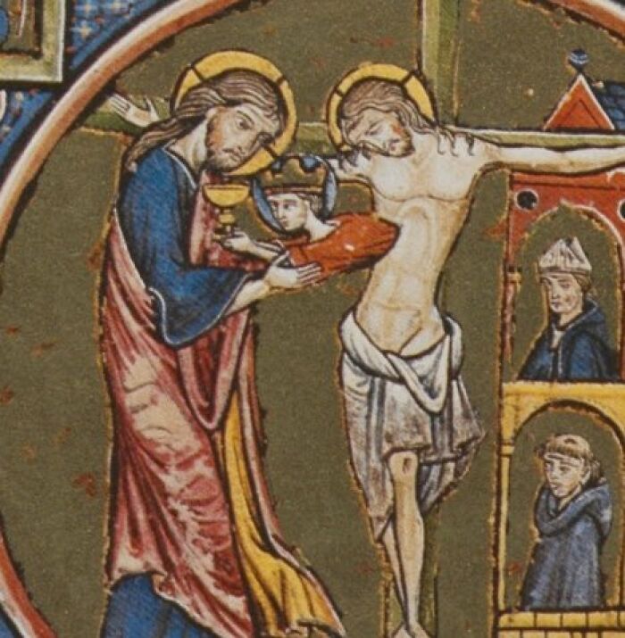 Medieval painting showing religious figures with halos, a crowned child, and a crucified figure in a detailed scene.