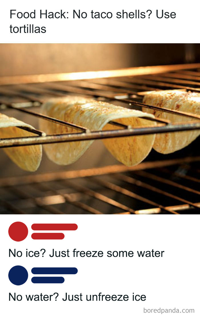 Tortillas placed in an oven rack as a food hack, paired with witty social media comebacks and comments.