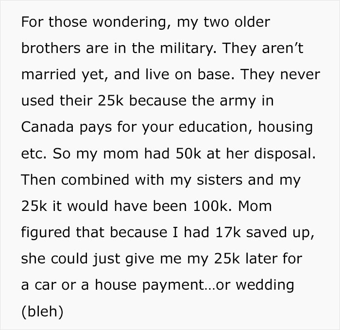 Text about family military benefits and savings, while witnessing sister turn into a bridezilla causing a messy family meeting.