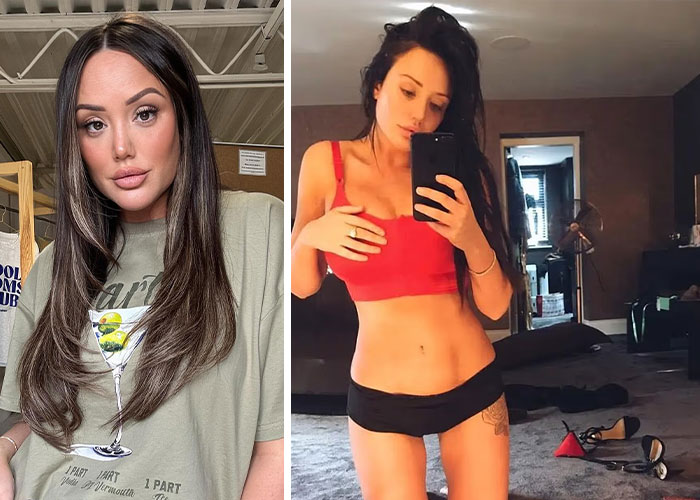 Split image showing a woman in casual wear and the same woman posing in a bedroom, highlighting worst celebrity homes.