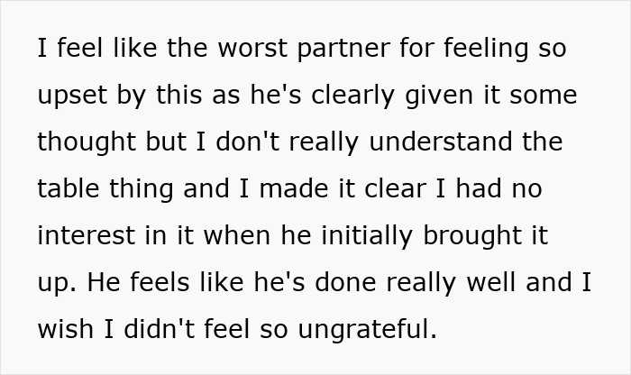 Text excerpt showing a woman feeling bad and ungrateful about abhorrent gifts from her husband, with people agreeing.