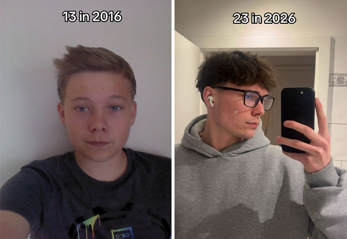 Side-by-side 2016 vs 2026 photos showing a boy at 13 and a young man at 23 with glasses and a hoodie.