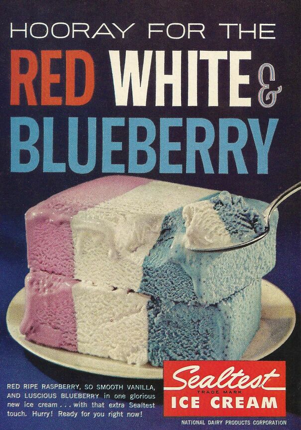 Vintage ad showing Sealtest red white and blueberry ice cream representing changing and lasting values in vintage ads.