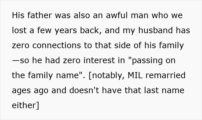 Text excerpt discussing MIL refuse baby name, highlighting family conflicts and disinterest in passing on the family name.