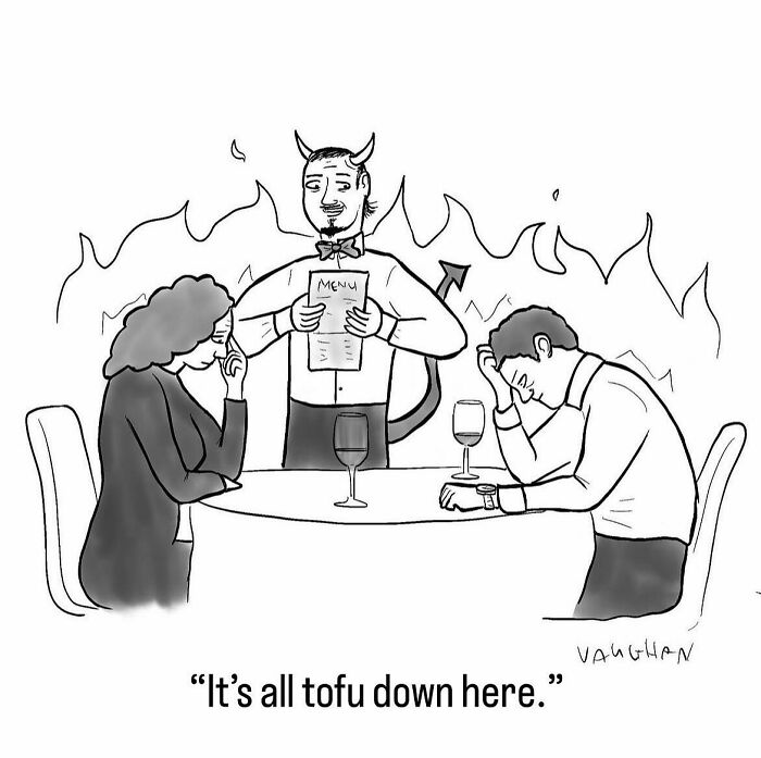 Cartoon highlighting comedy with a devilish waiter serving a couple upset over a menu in a fiery setting.