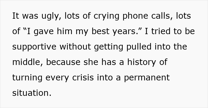 Text excerpt showing an adult son describing emotional guilt trips and biblical sermons from his religious mom after saying no to her moving in. Text excerpt showing an adult son describing emotional guilt trips and biblical sermons from his religious mom after saying no to her moving in.