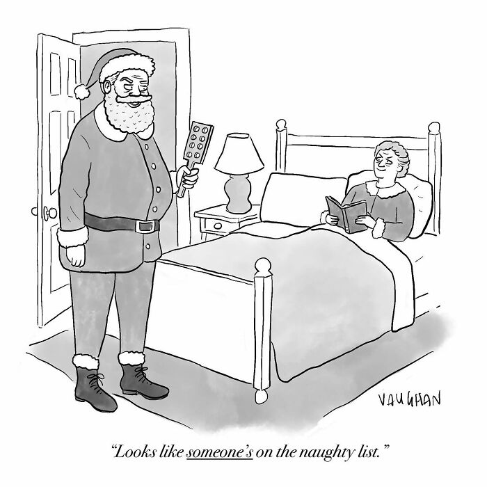 Black and white comic of Santa holding a control pad near a woman in bed, highlighting comedy in this artist's comics.